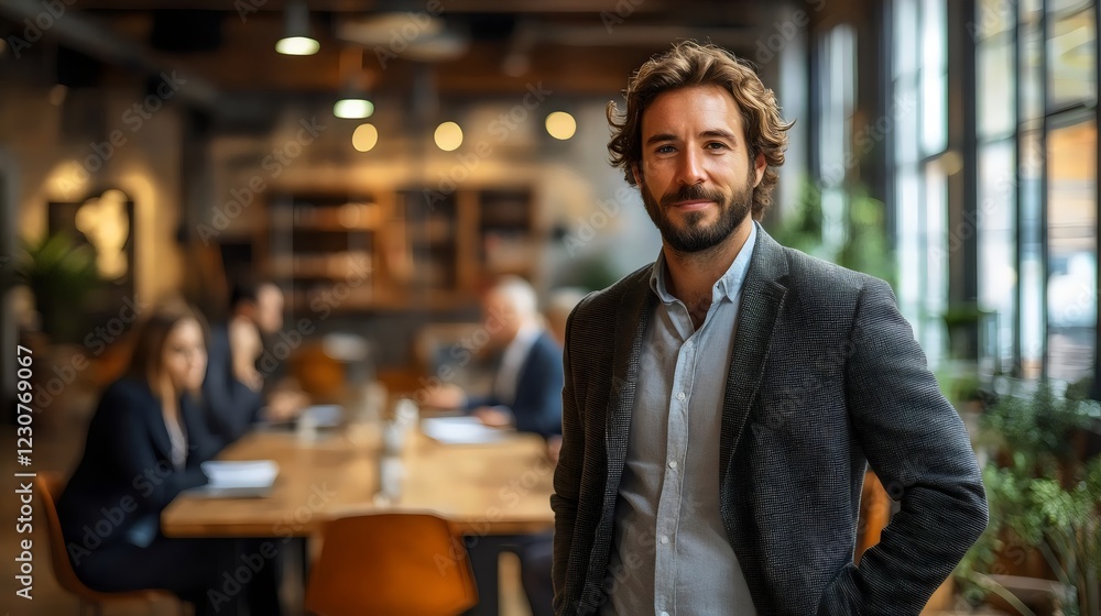 Fototapeta premium A man in a suit stands in front of a group of people in a conference room