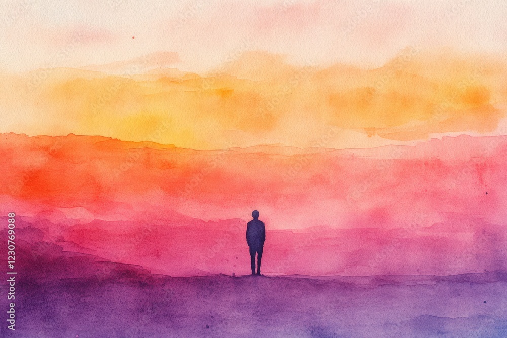Fototapeta premium A lone figure silhouetted against a vibrant, multi-hued sunset landscape.