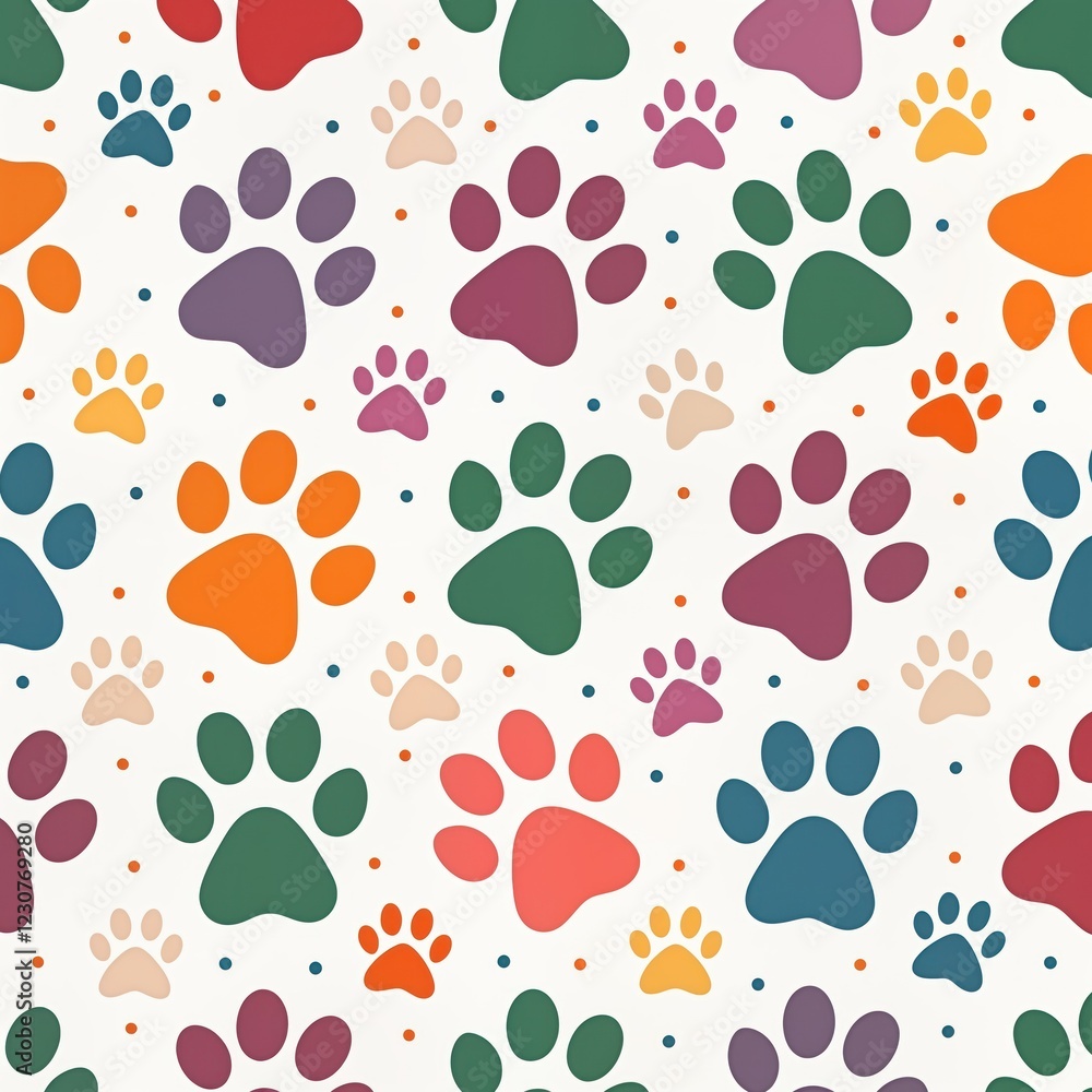 Fototapeta premium Colorful dog paw prints form cheerful repeating pattern on white background. Prints in various shades of vibrant colors, creating playful, joyful design. Abstract pattern used for backgrounds on