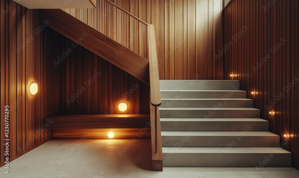 A Mid-Century Modern Staircase with Walnut Railings, Adding Timeless Elegance to a Contemporary Space A Mid-Century Modern Staircase with Walnut Railings, Adding Timeless Elegance to a Contemporary Space
