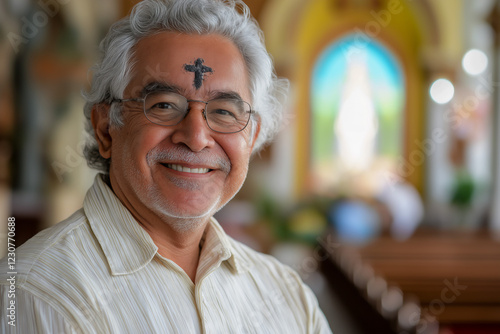 Older Hispanic man with ash smudge of Christian cross on forehead, Ash Wednesday concept photo