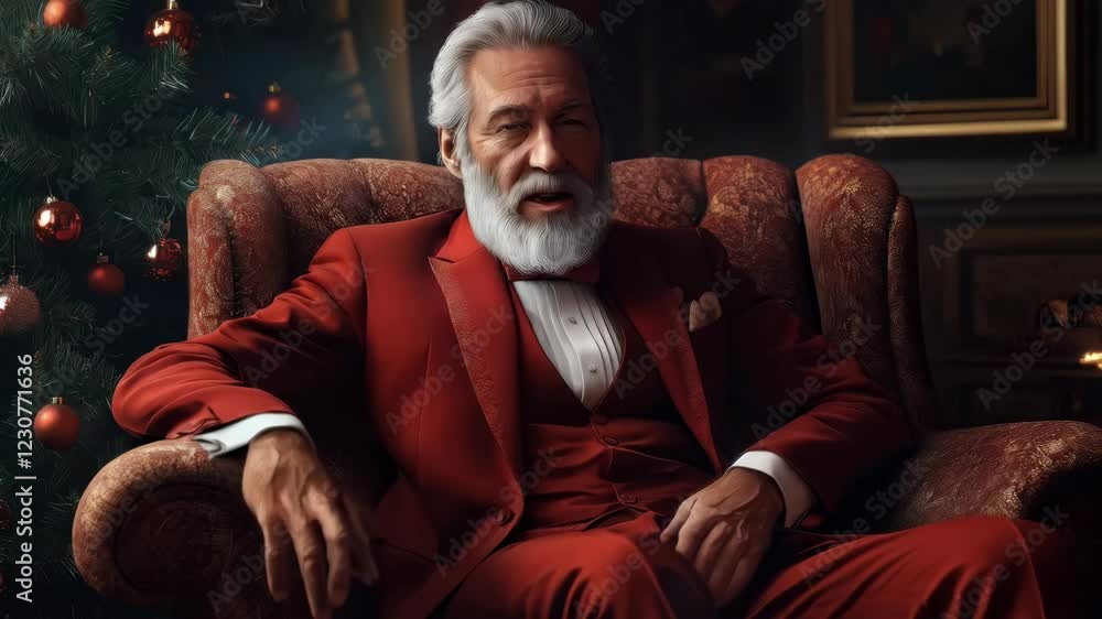 Elderly gentleman in red suit relaxing by christmas tree in cozy living room Elderly gentleman in red suit relaxing by christmas tree in cozy living room