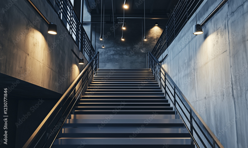 Fototapeta premium An Industrial Staircase with Steel Railings Overhanging a Spacious, Modern Interior