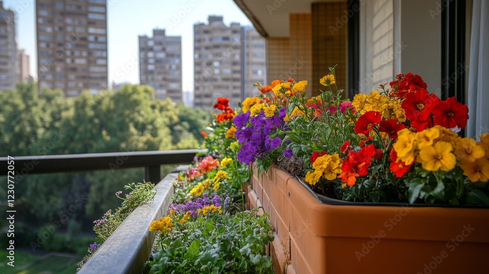 Fototapeta premium Vibrant Colorful Flowers in a Balcony Planter with City View