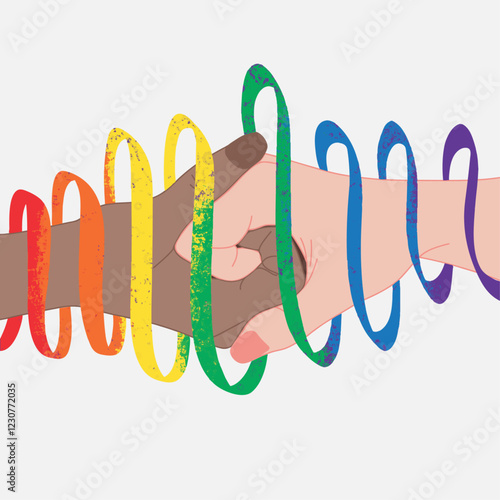 Helping hand with rainbow flag strings. Tolerance and freedom concept. Unity, help and hope. LGBTQ Pride Month design