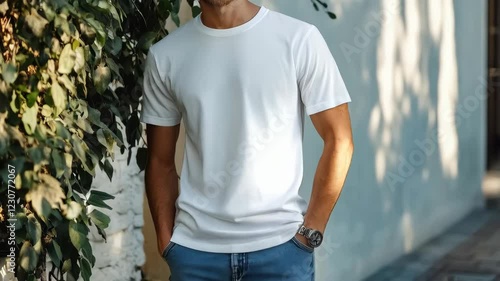 Casual man walking along leafy street in sunny urban setting