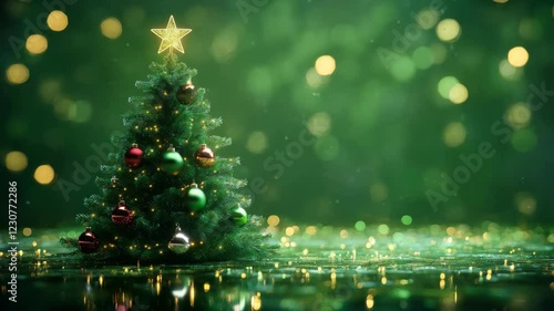 Glowing christmas tree animation with twinkling lights and decorations on green background