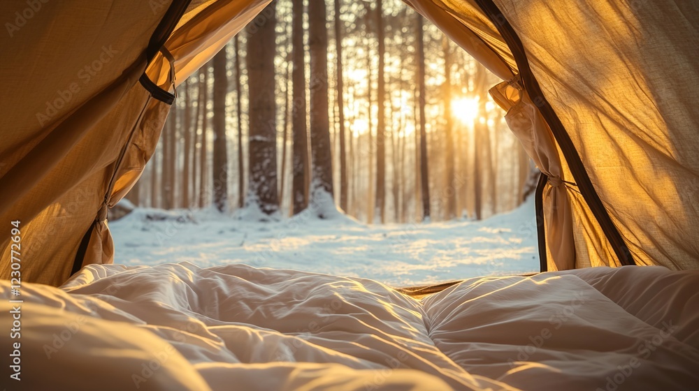 Fototapeta premium A view of the bed inside an orange tent, looking out at snow-covered pine trees in winter.