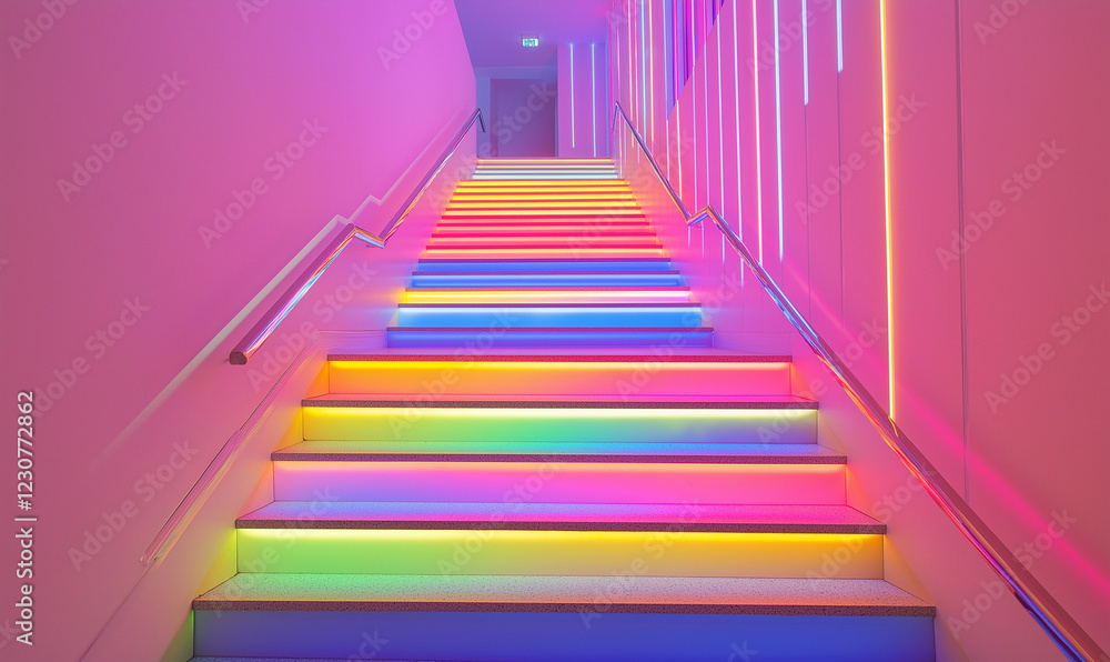 Fototapeta premium Vibrant Staircase with Neon Railings Glowing Radiantly, Adding a Bold Touch to Any Space