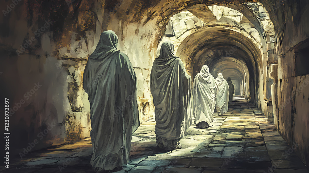 Naklejka premium Hidden catacombs within roman temple house revered figures in eternal rest. Eternal Path. Illustration