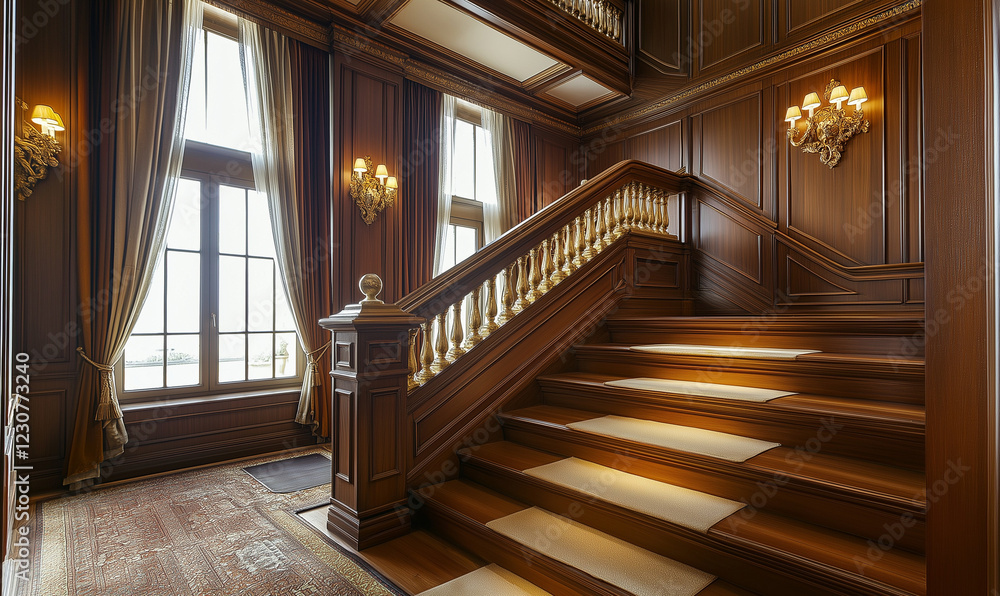 Obraz premium Grand Staircase Showcasing Gold-Plated Railings for an Opulent and Luxurious Look