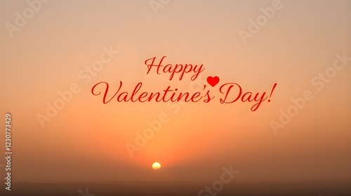 A soft sunrise or sunset scene in warm, muted earth tones featuring the text Happy Valentine's Day! in a delicate script font with red heart and rose emojis  photo