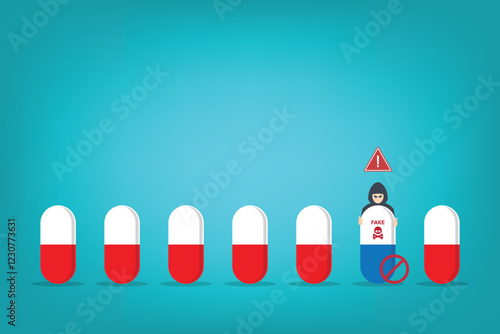 Fake medicine. Pill and tablet, criminal selling illegal drugs. Fake drugs, pharmaceutical. Symbolic for harmful counterfeit pills, risk and danger of illegal produced and sold pharmaceuticals.