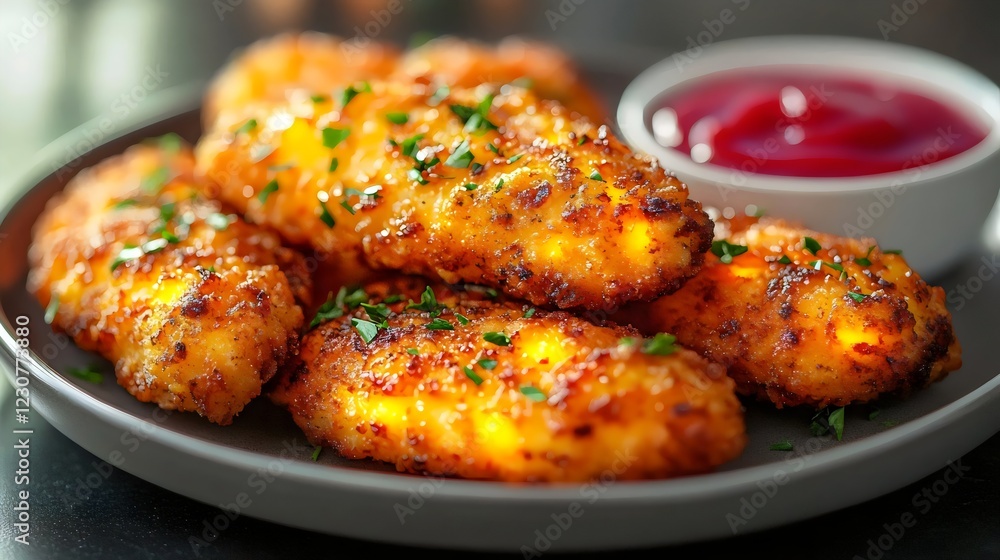 A plate of fried chicken with a side of ketchup A plate of fried chicken with a side of ketchup