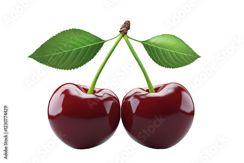 Red cherries with leaves on transparent background PNG format.