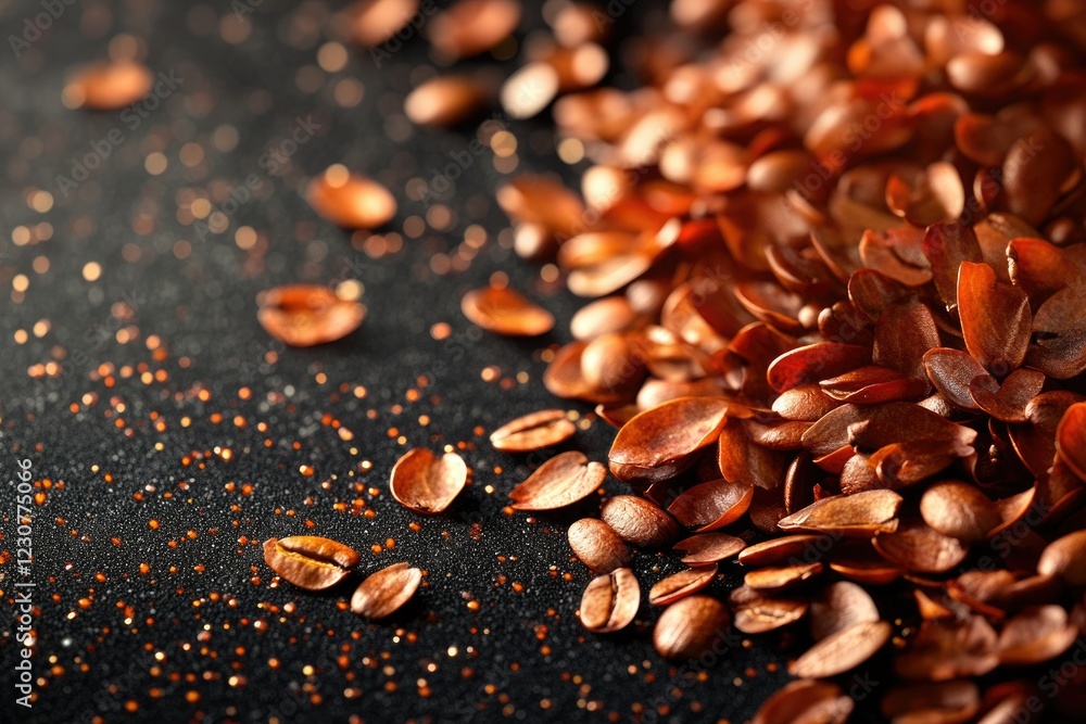 Roasted coffee beans and husks scattered on a dark glittery surface. Roasted coffee beans and husks scattered on a dark glittery surface.