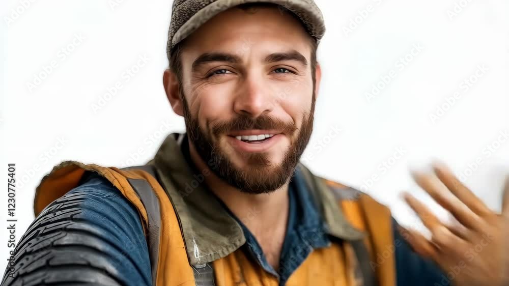 Joyful conversation with a smiling bearded man in casual attire Joyful conversation with a smiling bearded man in casual attire
