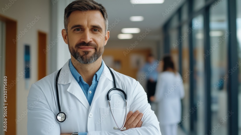 Confident medical professional with stethoscope standing in modern hospital corridor smiling at the camera Confident medical professional with stethoscope standing in modern hospital corridor smiling at the camera