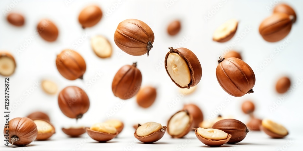 Hazelnut seeds in mid-air. Nuts brown with light-yellow interior. Many nuts flying in different positions. Studio shot. Nuts isolated on white background. Natural food product. Healthy lifestyle. Hazelnut seeds in mid-air. Nuts brown with light-yellow interior. Many nuts flying in different positions. Studio shot. Nuts isolated on white background. Natural food product. Healthy lifestyle.