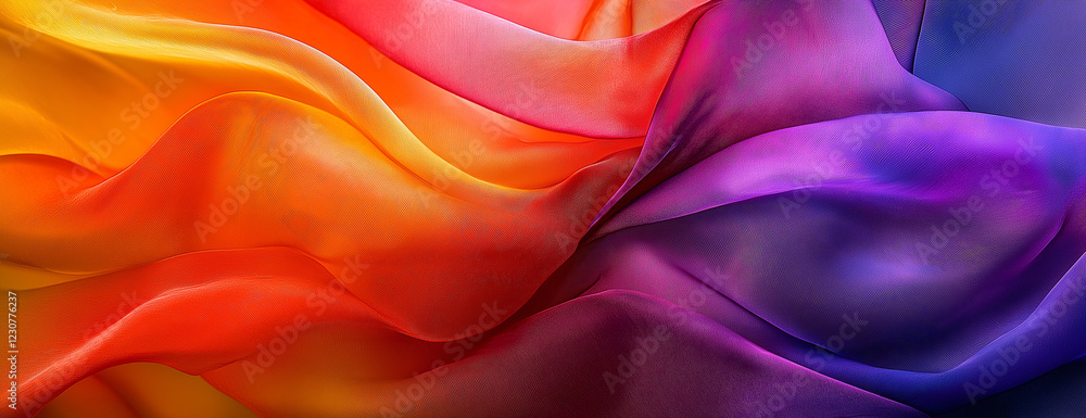 Obraz premium An abstract background featuring a wavy pattern in bright rainbow colors, resembling the vibrant hues of tie-dye fabric. The close-up shot highlights the texture, creating a dynamic and playful design