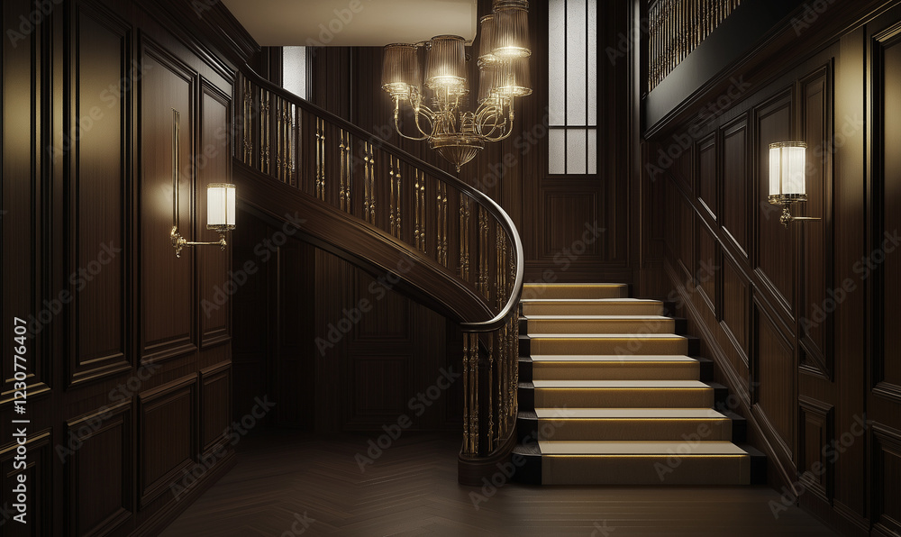 Obraz premium Classic Staircase with Brass Railings, Combining Tradition and Charm for a Timeless Look