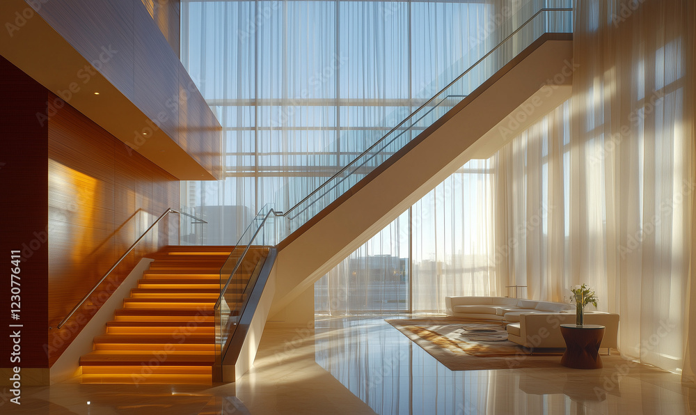 Obraz premium Contemporary Staircase Showcasing a Sleek Stainless Steel Railing for a Modern Aesthetic