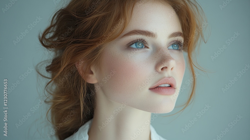 Close-up portrait of a beautiful young woman with long red hair and blue eyes looking to the side. Close-up portrait of a beautiful young woman with long red hair and blue eyes looking to the side.