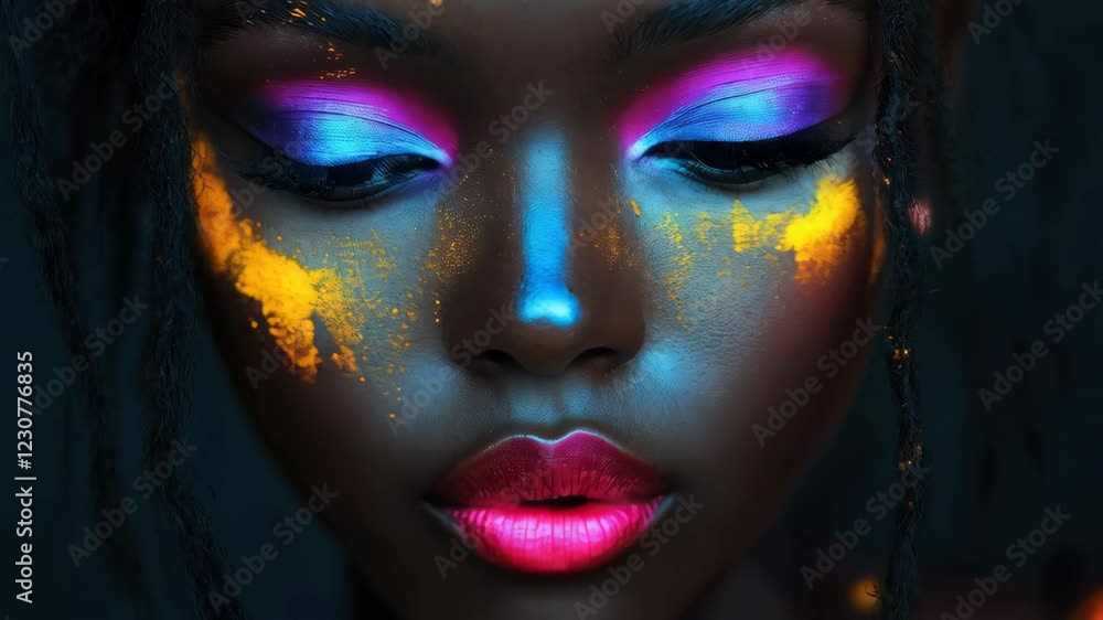 Vibrant beauty: colorful makeup and expressive facial movements highlight artistic transformation Vibrant beauty: colorful makeup and expressive facial movements highlight artistic transformation