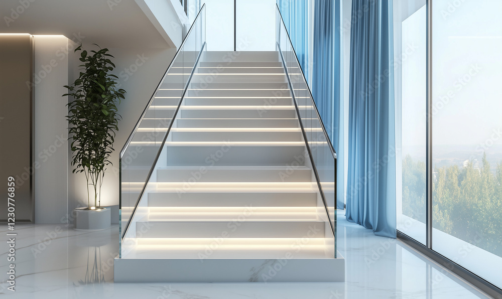 Fototapeta premium This Clean-Lined Staircase Features a Clear Glass Railing for a Modern, Sleek Appearance