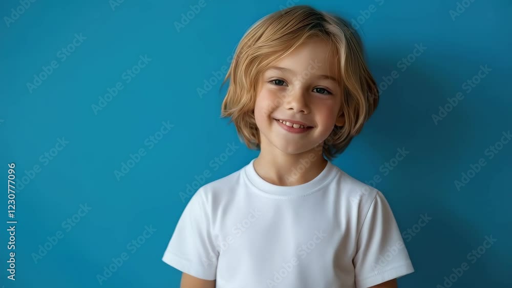 Happy child smiling and posing against bright blue background Happy child smiling and posing against bright blue background