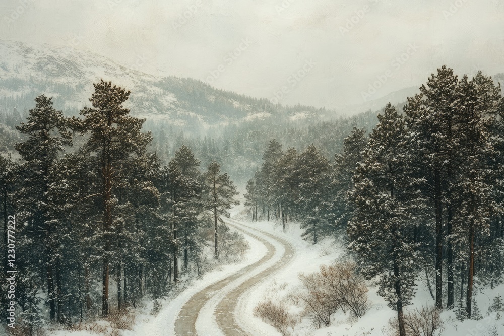 A winding snowy road disappears into a tranquil winter forest, blanketed in a serene snowfall. A winding snowy road disappears into a tranquil winter forest, blanketed in a serene snowfall.