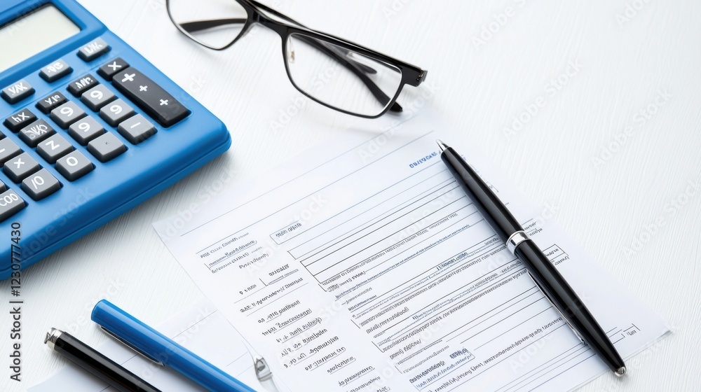 Workspace with Calculator, Glasses, Pens, and Forms on White Background for Financial or Office Use Workspace with Calculator, Glasses, Pens, and Forms on White Background for Financial or Office Use