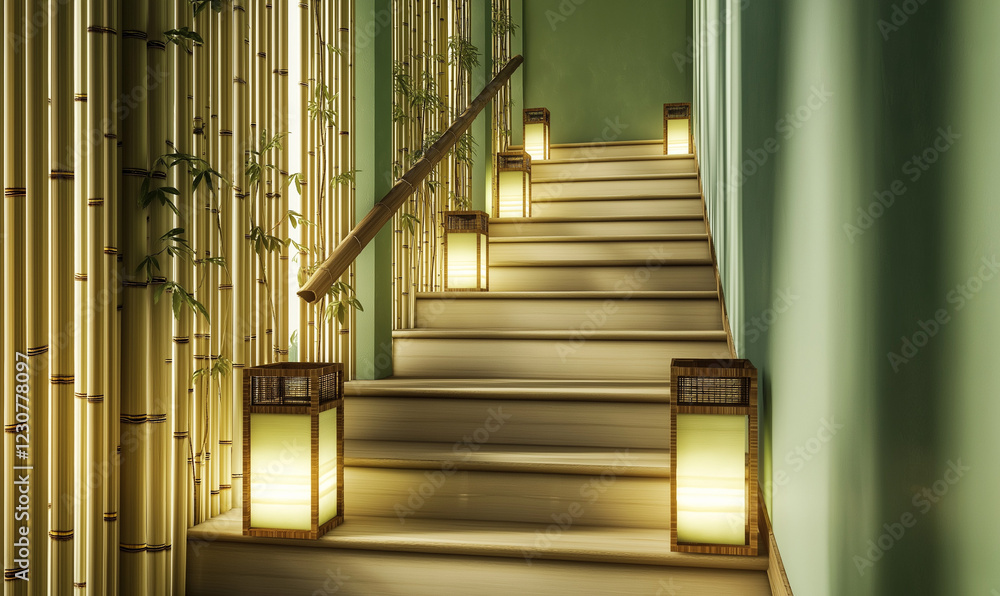 Obraz premium A Zen-Inspired Staircase with Bamboo Railings Soothing the Senses and Bringing Tranquility to the Space