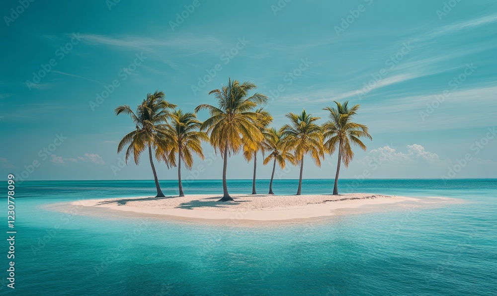 Idyllic tropical island with palm trees on a pristine white sand beach, surrounded by turquoise ocean under a clear blue sky. Idyllic tropical island with palm trees on a pristine white sand beach, surrounded by turquoise ocean under a clear blue sky.