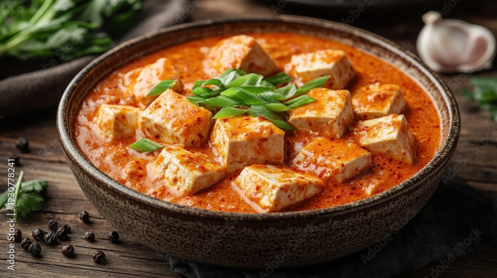 Mouthwatering Paneer Tikka Masala in Earthenware Bowl Garnished with Fresh Green Herbs - Classic Indian Cuisine Dish with Creamy Tomato Sauce on Rustic Table Mouthwatering Paneer Tikka Masala in Earthenware Bowl Garnished with Fresh Green Herbs - Classic Indian Cuisine Dish with Creamy Tomato Sauce on Rustic Table