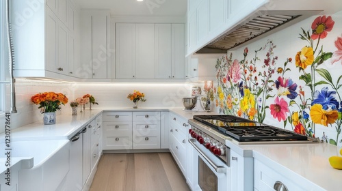 Luxurious white kitchen with colourful floral decorations on the walls photo