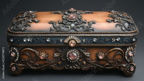 Exquisite antique jewelry box artisan craftsmanship elegant studio environment close-up view luxury concept photo