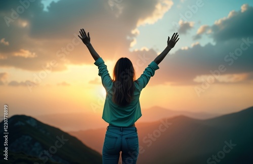 Woman stands on mountain top at sunset. Arms raised in joyous expression. Stunning mountain landscape surrounds. Traveler feels incredible joy, freedom. Breathtaking panorama of nature inspires awe. photo