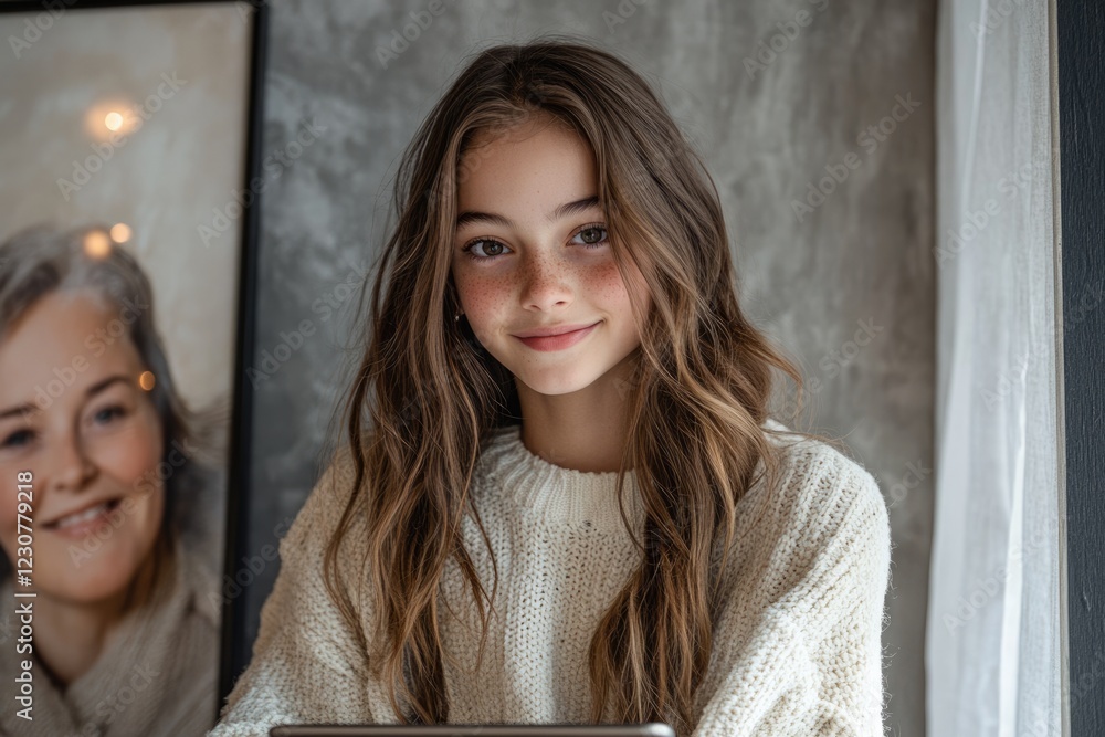 Fototapeta premium A young girl with freckles smiles gently, wearing a cream sweater against a textured background.