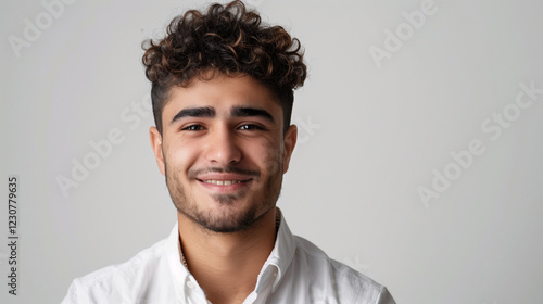 Portrait of a person. Palestinian man male in white shirt. Studio with white background close-up