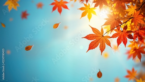 Fototapeta Naklejka Na Ścianę i Meble -  Colorful autumn leaves float against vibrant blue sky. Sunlight shines through leaves creating beautiful autumnal scene. Picturesque autumn landscape for backgrounds, banners. Beauty of fall foliage