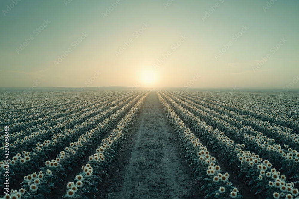 Obraz premium Vast sunflower field at sunrise, rows stretching to a bright sun in a hazy morning.