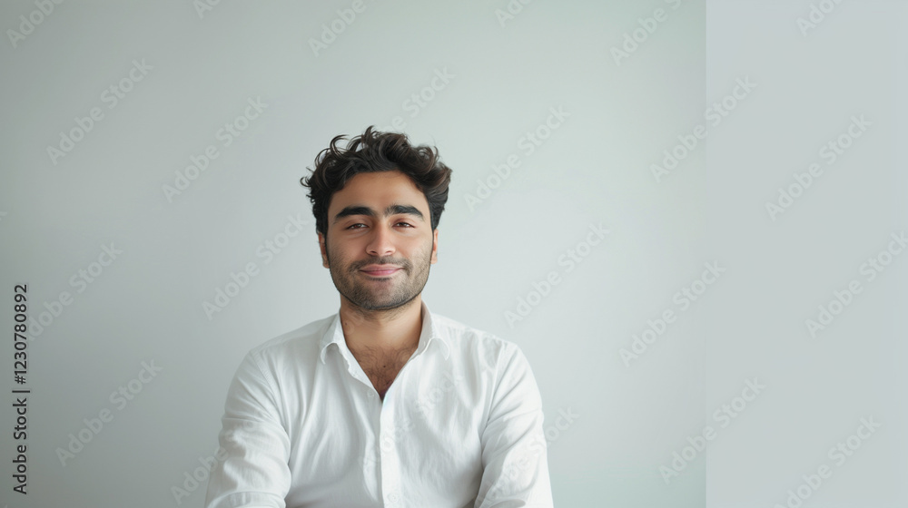 Portrait of a person. Pakistani man male in white shirt. Studio with white background close-up Portrait of a person. Pakistani man male in white shirt. Studio with white background close-up