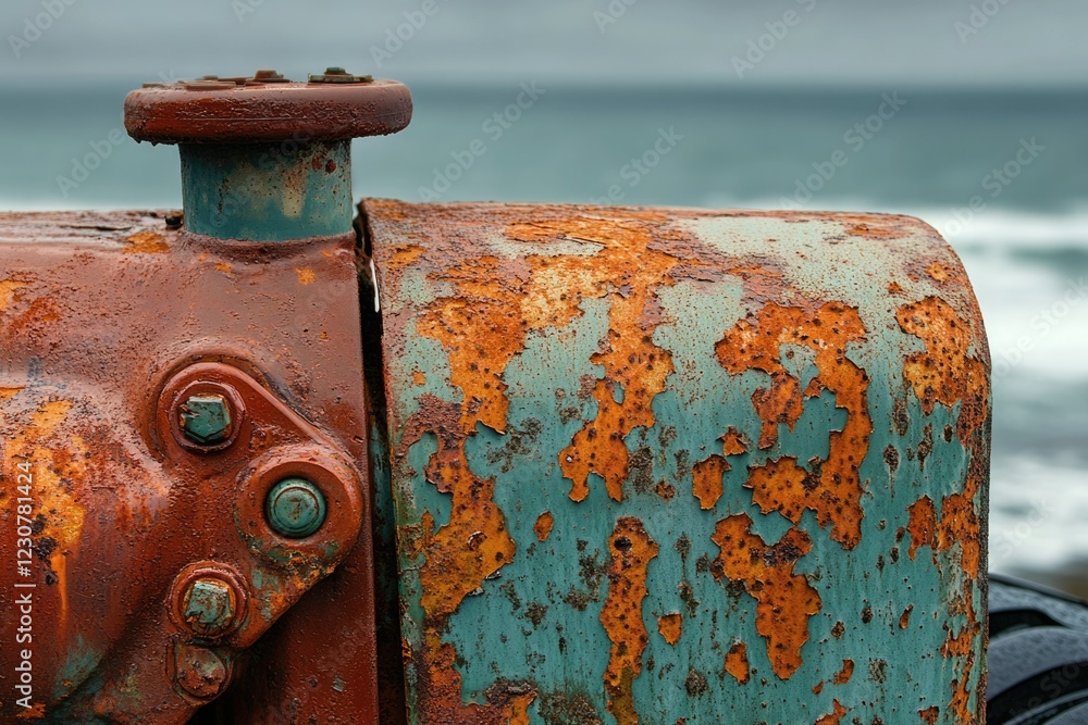 Rusty metal texture with peeling teal paint, showing signs of age and weathering near the ocean. Rusty metal texture with peeling teal paint, showing signs of age and weathering near the ocean.