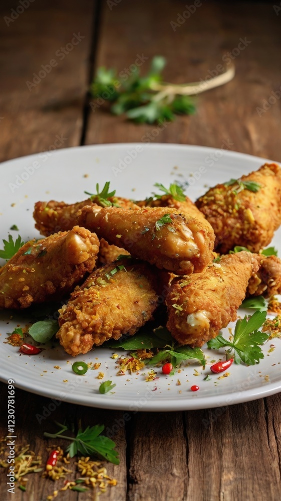 Golden Curry Breading-Coated Fusion Chicken Wings with Herb and Spice Garnish Golden Curry Breading-Coated Fusion Chicken Wings with Herb and Spice Garnish