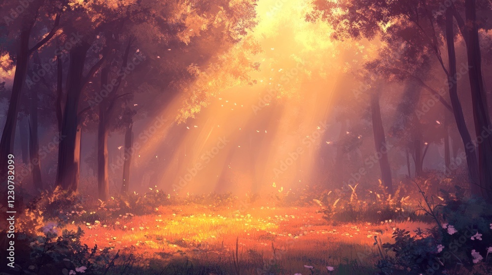 Sunlight streams through a dense forest illuminating a clearing covered in wildflowers and grass Sunlight streams through a dense forest illuminating a clearing covered in wildflowers and grass