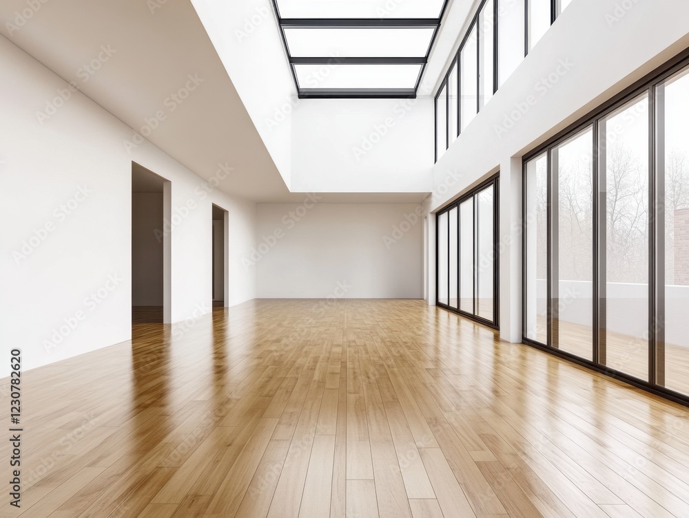 Fototapeta premium A large room with a lot of windows and a wooden floor. The room is empty and has a lot of natural light