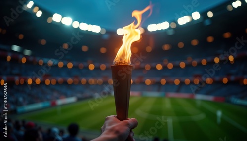 Hand holds Olympic torch with burning flames against night stadium. Sport event at stadium. Crowd watches torch ceremony. Energetic atmosphere. Symbol of victory, competition. Nighttime. Passionate photo