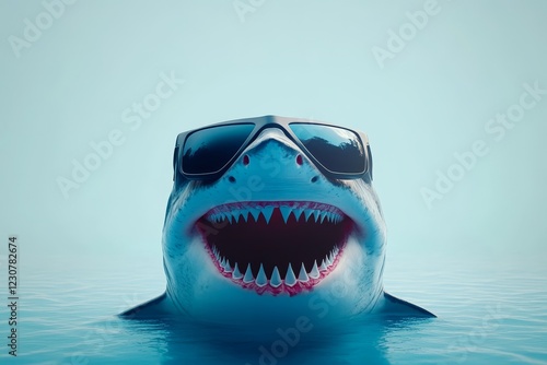 A great white shark with sunglasses leaps from the water, revealing its teeth in a friendly gesture. The vibrant blue backdrop enhances the playful mood photo