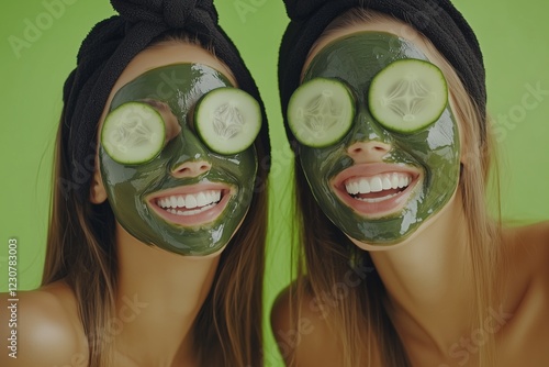 Beauty wellness spa skin care cosmetics conept - Happy young pretty women, girlfriends with mask and cucumber slices on their faces, isolated on green background photo